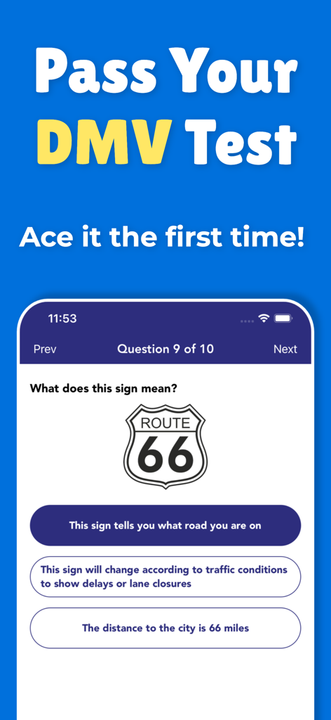 A screenshot of the Kentucky DMV Permit Test 2025 app displaying a practice question about a Route 66 road sign.