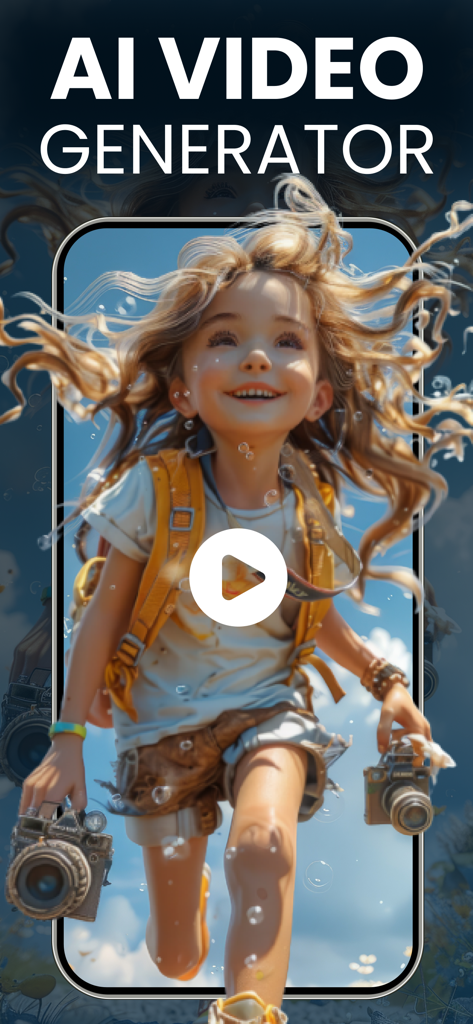 AI Video & Image Generator® - A promotional screen for the AI Video Generator app featuring a cinematic AI generated image of a girl running with cameras.