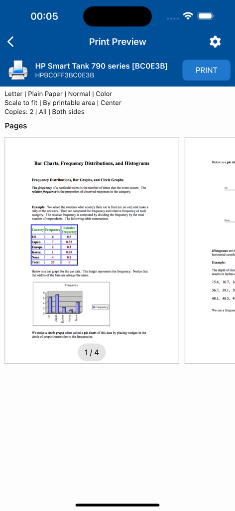 NokoPrint app print preview screen on iPhone showing an educational document with charts ready for printing on an HP printer.