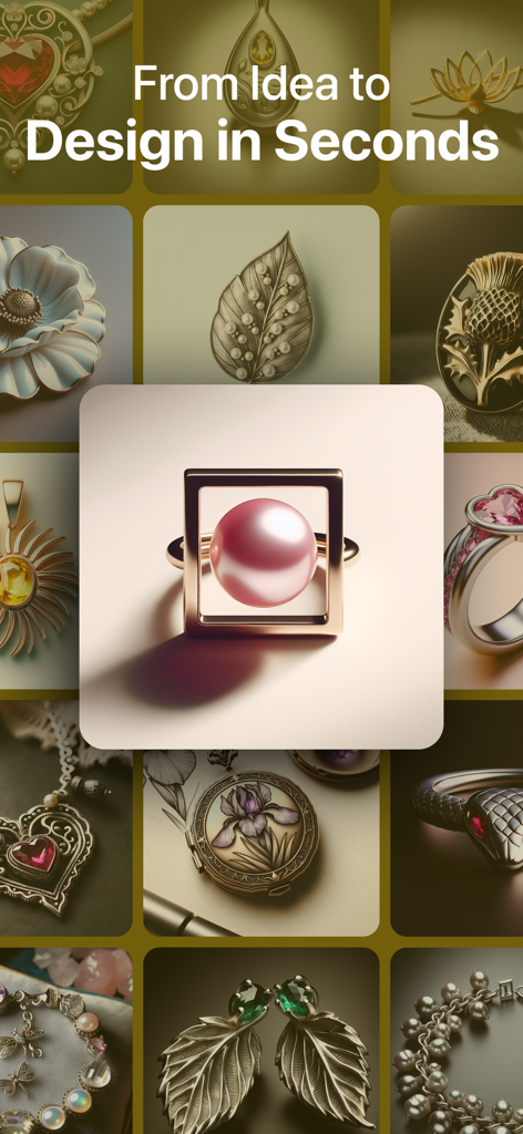 A grid showcasing diverse AI-generated jewelry designs including rings, necklaces, and brooches with a modern rose gold pearl ring featured in the center.