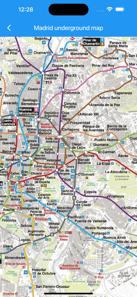 Una vista detallada del mapa del metro subterráneo de Madrid dentro de la aplicación Espera Bus Madrid