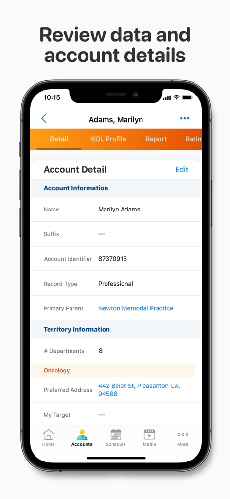 Veeva CRM mobile app interface showing detailed account information for a healthcare professional