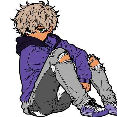 a male hoddie ripped jeans messy hair anime