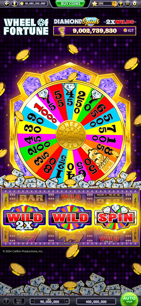 Lake of The Torches Slots - Gameplay screen of Lake of the Torches Slots featuring a colorful Wheel of Fortune prize wheel and slot symbols