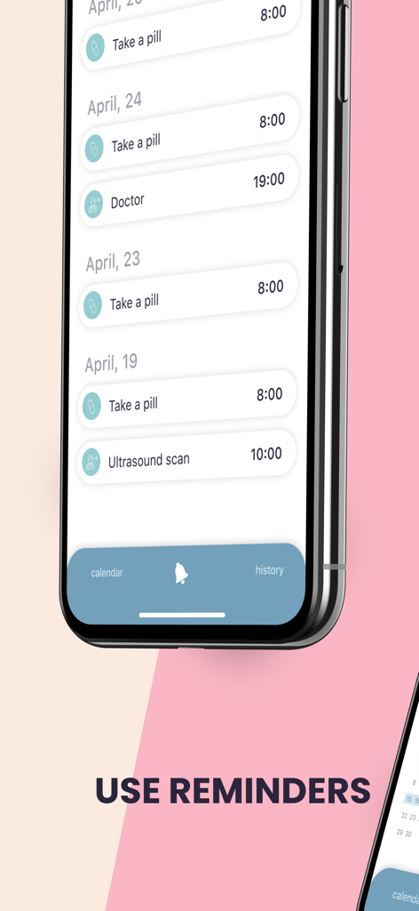 Interface montrant les rappels de santé pour les médicaments et les rendez-vous médicaux dans l'application Santé Féminine - Ovulation.