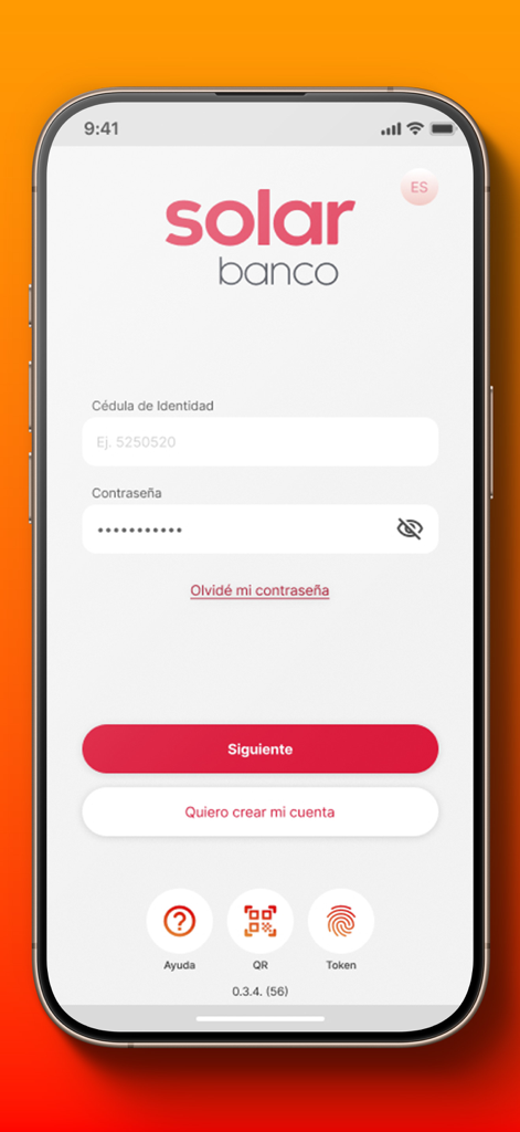 Solar Banco - Solar Banco mobile app login screen showing fields for identity card and password