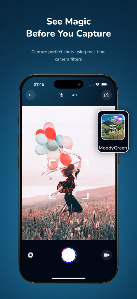 Moody Photo Edit Preset Filter - Interface of the Moodshot app showing the real-time camera filter feature with the MoodyGreen preset