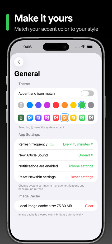 Allgemeine Einstellungsbildschirm des Newsbin RSS-Readers zur Auswahl von Akzentfarben und Symbolen.