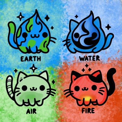 4 cats that represent the different elements, earth, water, air, and fire
