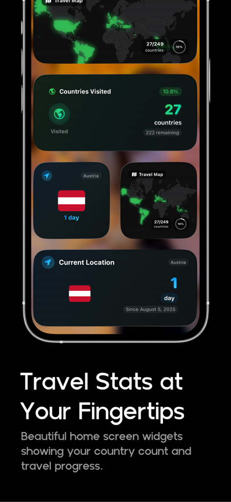 Widget della schermata principale delle statistiche di viaggio di MileAway che mostrano i paesi visitati e la mappa del mondo