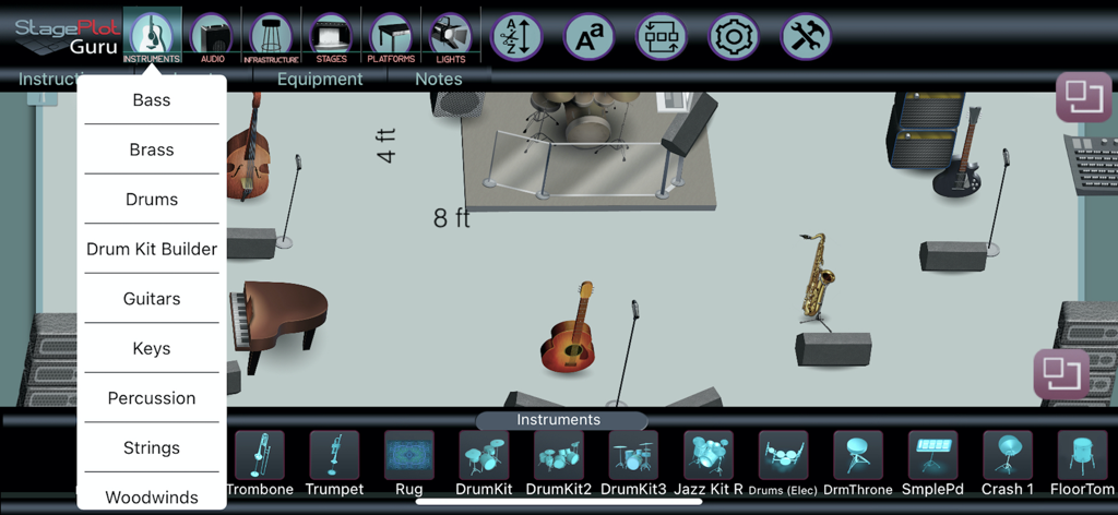 StagePlot Guru - StagePlot Guru app interface showing stage layout design with instruments and equipment icons