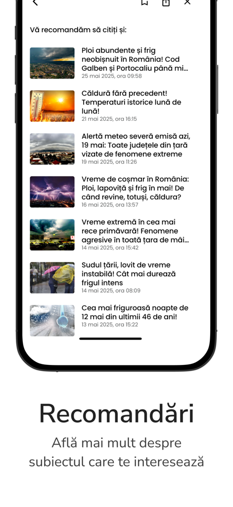 Capture d'écran de l'application d'actualités ePitesti montrant une liste d'articles recommandés sur les alertes météorologiques locales en Roumanie.