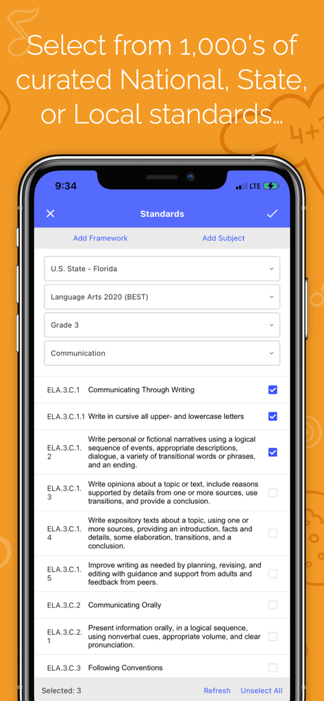 Planbook Mobile app interface for selecting K-12 state and national learning standards