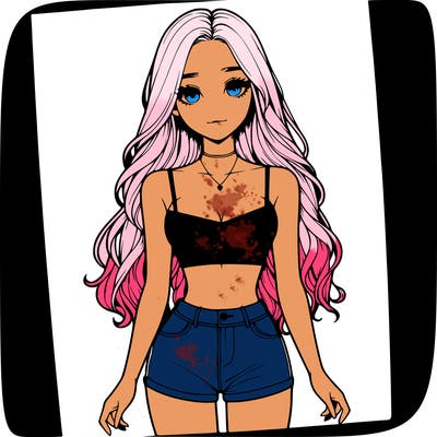a realistic girl with long hair and in a crop top and shprts