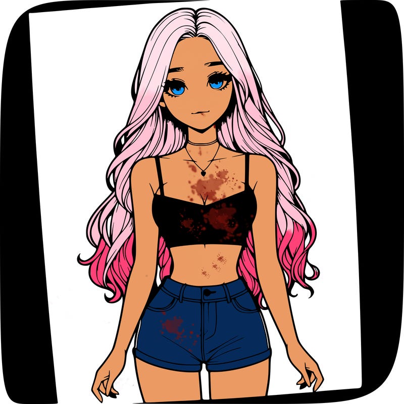 a realistic girl with long hair and in a crop top and shprts