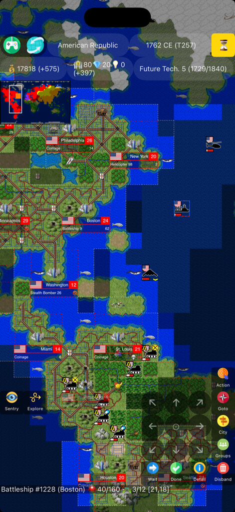 BC4000 - Civilization Model - Gameplay di BC4000 Civilization Model che mostra la mappa della Repubblica Americana con città e unità militari in un'interfaccia di strategia a turni