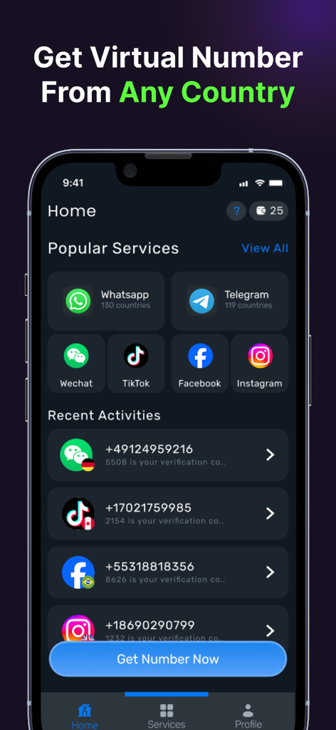 Interfaz de la app SmsCode mostrando números virtuales para verificación global por SMS