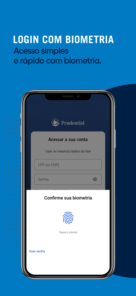 Captura de pantalla de la aplicación Prudential Seguros que muestra la pantalla de inicio de sesión biométrico con una solicitud de autenticación de huellas dactilares
