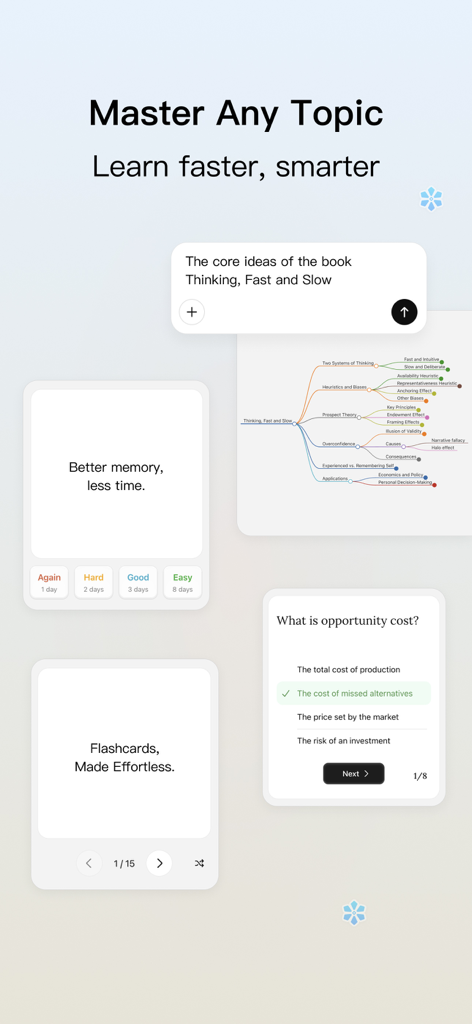 Keepmind: AI Flashcards - Interface de l'application Keepmind affichant des cartes mémoire IA, des cartes mentales et des quiz pour un apprentissage efficace.