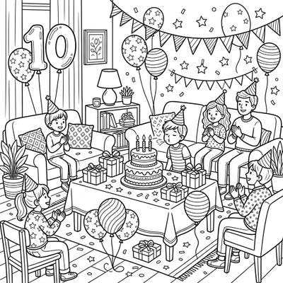 Bring this joyful birthday celebration to life with your favorite colors! This delightful coloring page features a lively home party scene, perfect for kids aged 4-8 to express their creativity and celebrate a special day.