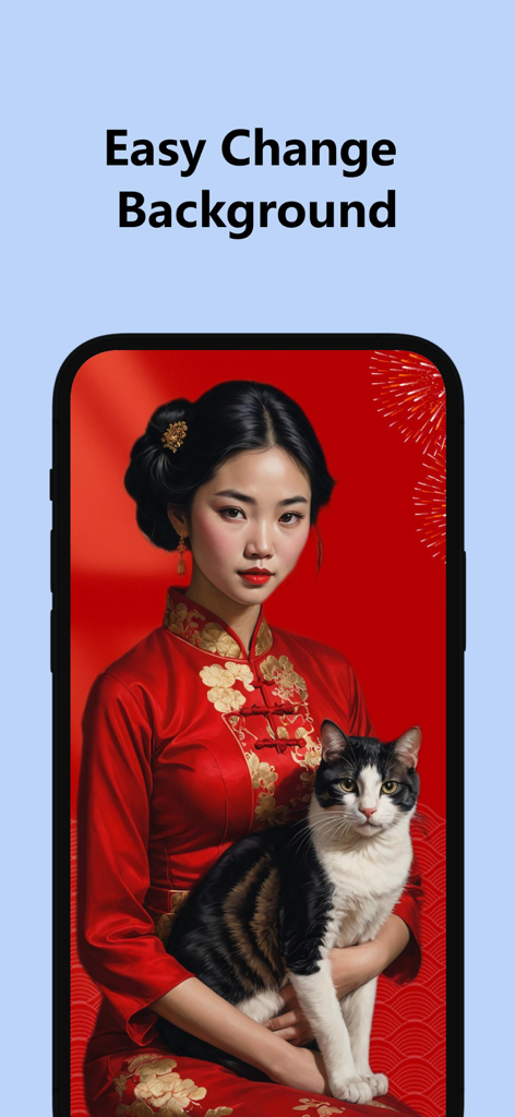 Magic Photo - TouchRetouch - Pantalla de la aplicación que muestra a una mujer con un vestido rojo sosteniendo un gato con un fondo cambiado.