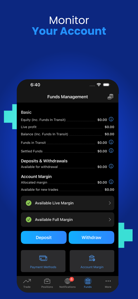 Interfaz de gestión de fondos de la aplicación móvil Plus500 mostrando el capital de la cuenta y los detalles del margen