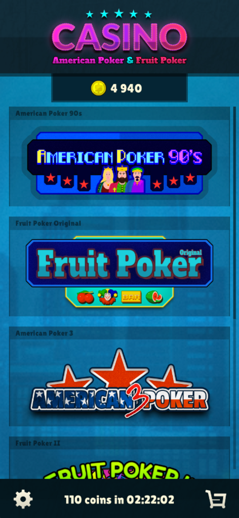 Main menu of American Poker 90's Casino app showing different video poker game selections including Fruit Poker and American Poker 3.