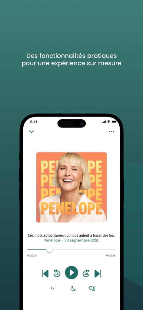 Interface do reprodutor de áudio do aplicativo Radio Canada OHdio mostrando controles de podcast e recursos de reprodução