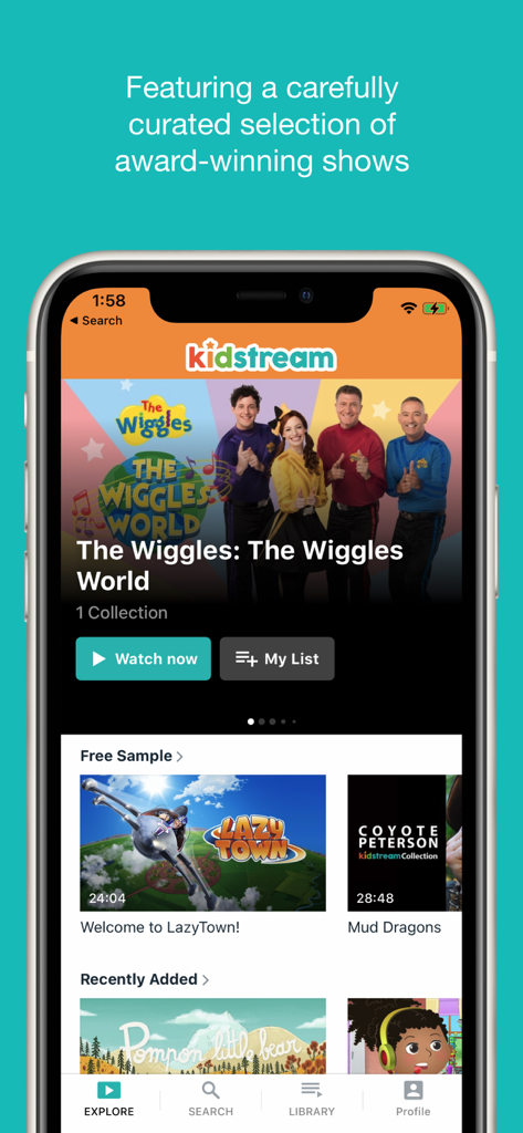 Kidstream - Kidstream mobile app interface showing curated educational shows for children including The Wiggles and LazyTown