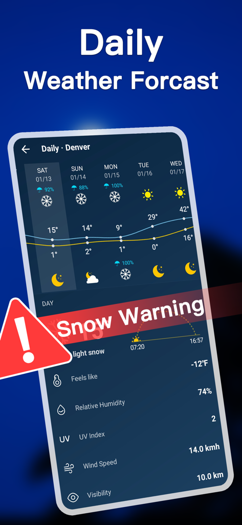 Weather - Accurate Weather App - デンバーの日次天気予報画面、雪警報アラートと詳細な気象データが表示されている