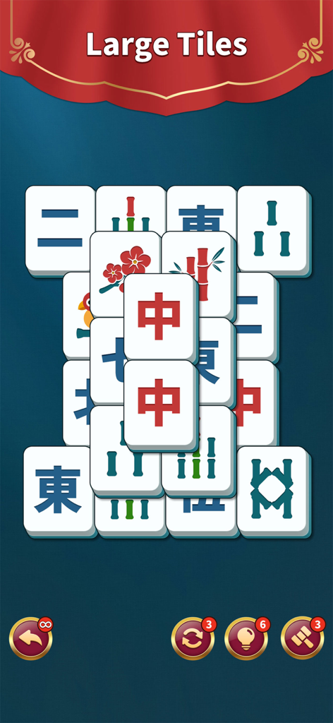 Mahjong Solitaire: Match Game - Une capture d'écran du gameplay de Mahjong Solitaire avec de grandes tuiles faciles à lire sur fond bleu.