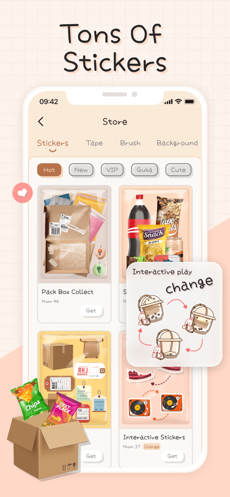 Mininote - Cute note and diary - Interface of the Mininote app showing a store with a large collection of cute digital stickers and interactive elements for diary customization.
