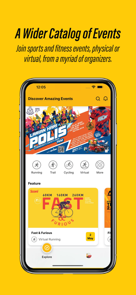 HeyJom - HeyJomのモバイルアプリ画面に、ランニングやサイクリングのようなフィットネスイベントのカタログが表示される