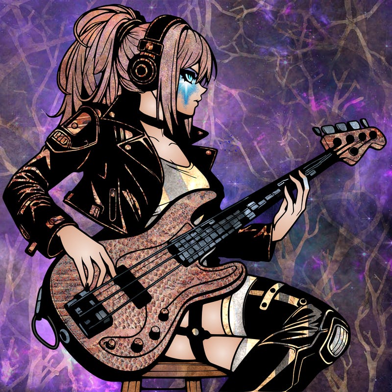 cyberpunk anime femme human in leather with a bass guitar