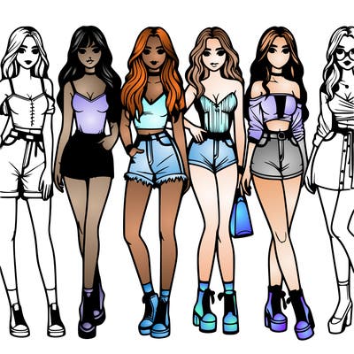 realistic group of full body girls with different aesthetics