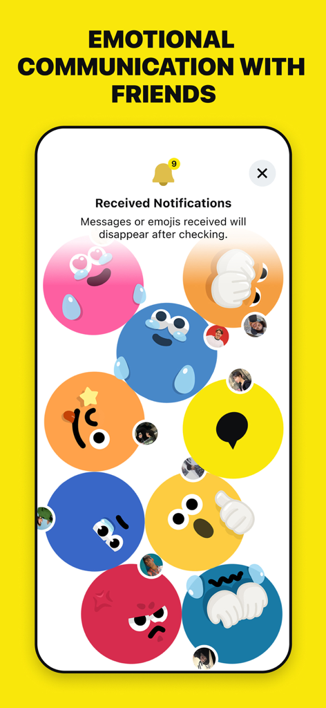 Emolog app interface showing emotional communication and mood notifications from friends