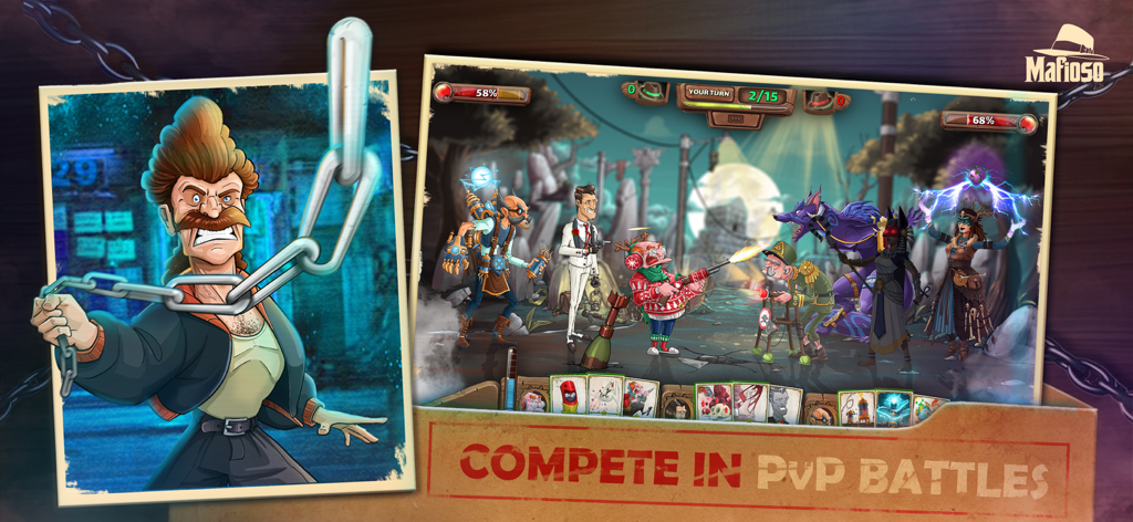 Stylized turn based PvP battle in the Godfather of Mafia City game