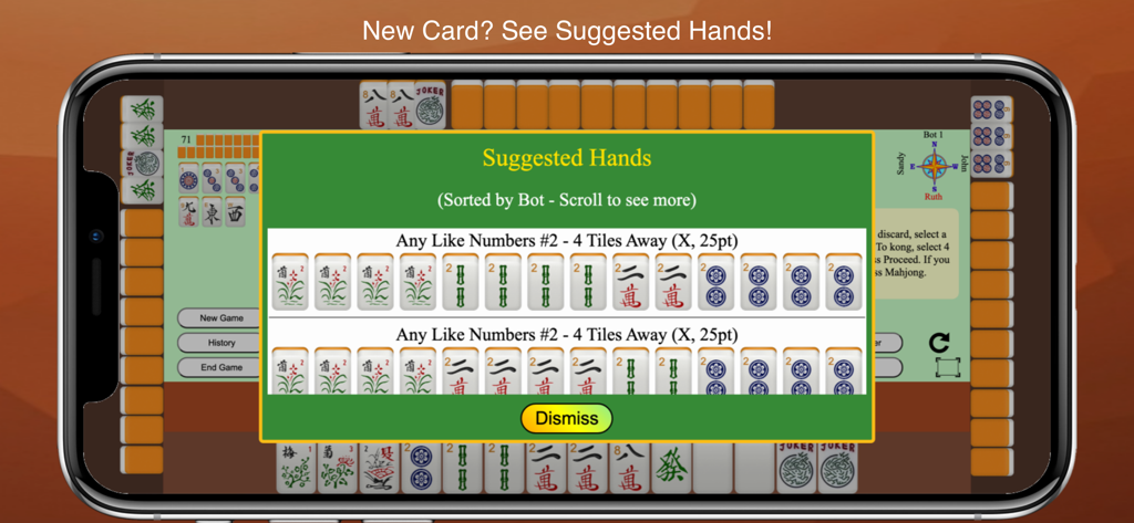 Mahjong 4 Friends app displaying suggested hands for American Mahjong gameplay.