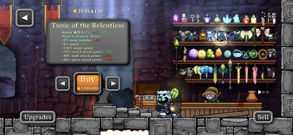 Magic Rampage - Tienda del juego en Magic Rampage mostrando armaduras y armas para la personalización del personaje