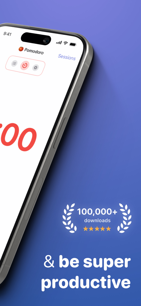 Focused Work - Pomodoro Timer - Interface de l'application minuteur Pomodoro Focused Work avec plus de 100 000 téléchargements et une note de 5 étoiles