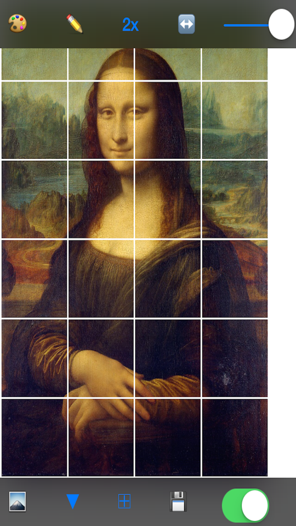 Artists Grid Tool interface with white grid over Mona Lisa painting.