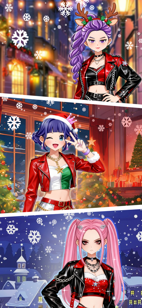 Idol Livestream: Doll Dress Up - Trois poupées anime habillées dans des tenues d'hiver et de Noël festives