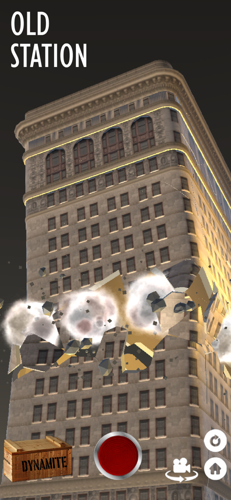 A tall skyscraper named Old Station being demolished with explosives in the Fake Island Demolish mobile game.