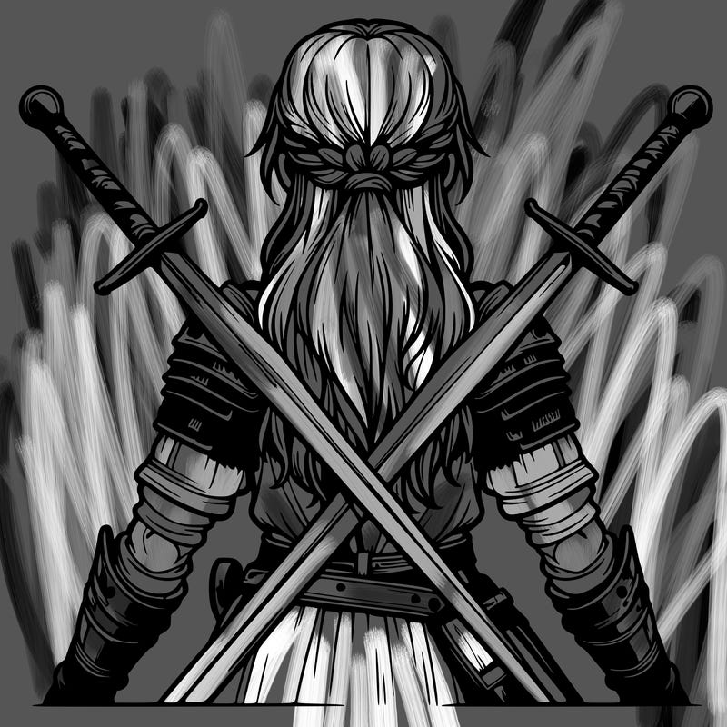 very realistic warrior girl with swords behind her back