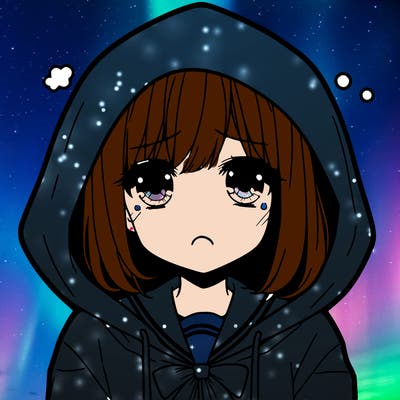 sad anime girl with a mouth and a hood