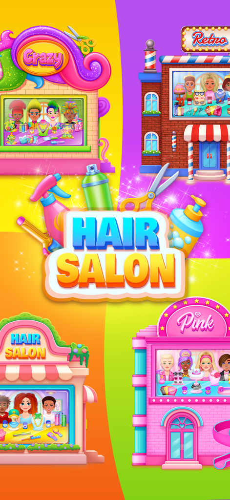 Colorful main menu of Hair Salon Games for Kids showing different themed salon buildings and styling tools