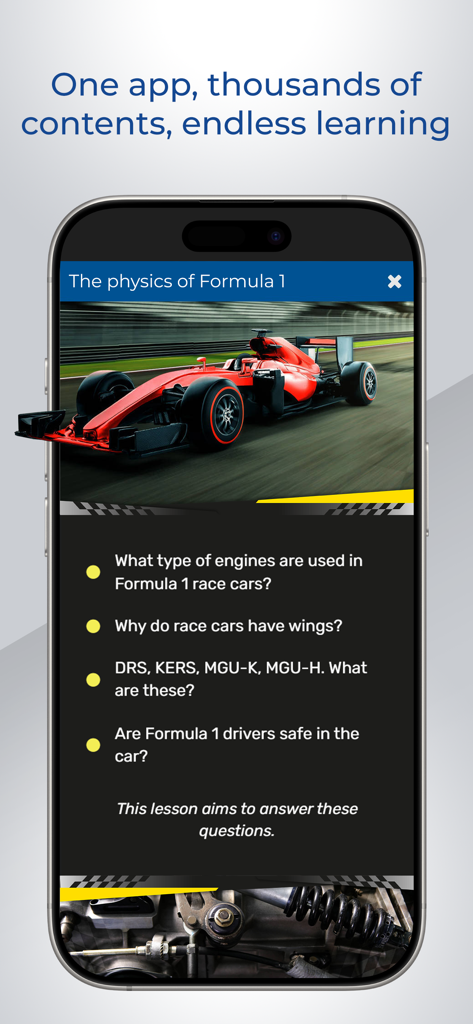 A 3D model of a Formula 1 car appearing on a smartphone screen for a physics lesson in the mozaik3D app.