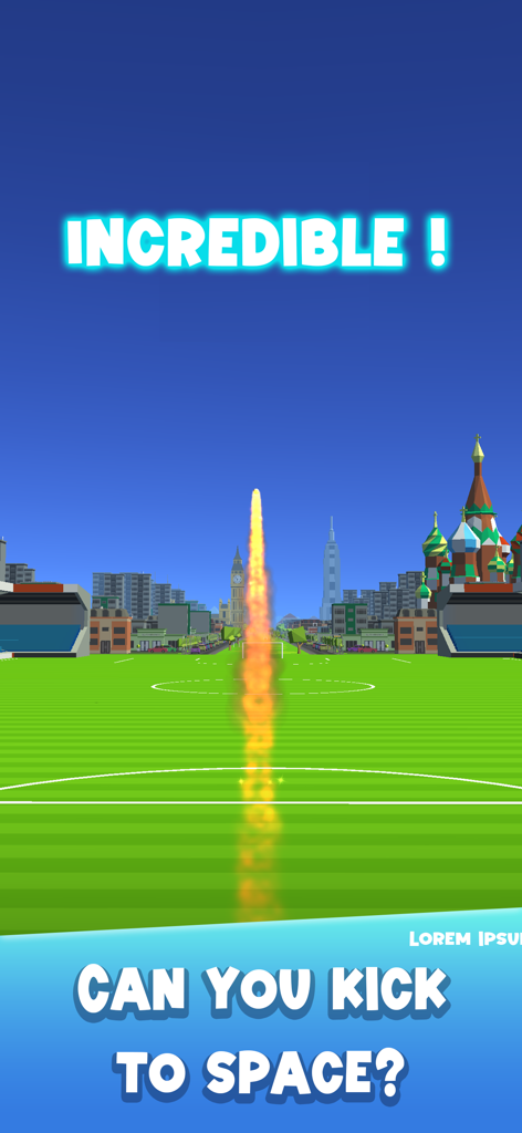 Gameplay screenshot of Soccer Kick showing a soccer ball launched with a fiery trail past famous world landmarks