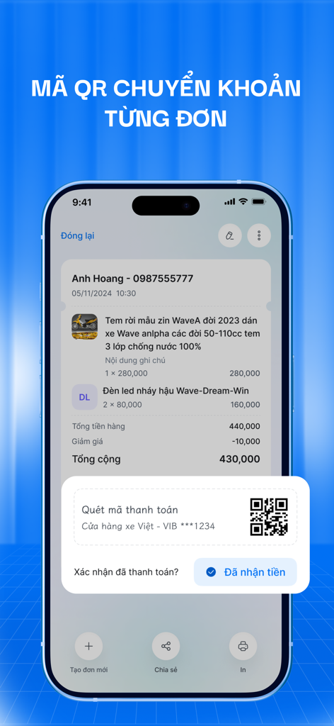 Knote - Knote app interface showing a mobile payment QR code for an individual customer order summary