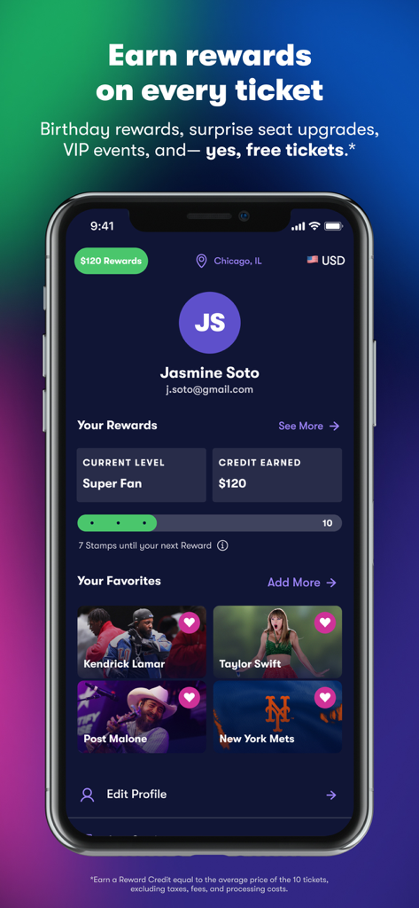 Vivid Seats mobile app profile screen showing a user's earned rewards credit and a list of favorite artists including Taylor Swift and Kendrick Lamar